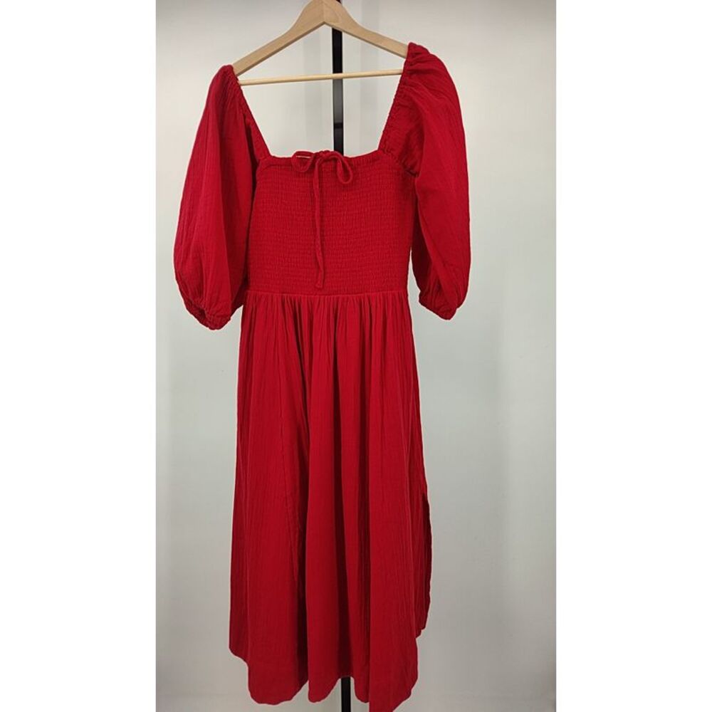 Quince Red Puff-Sleeve Smocked Midi Dress